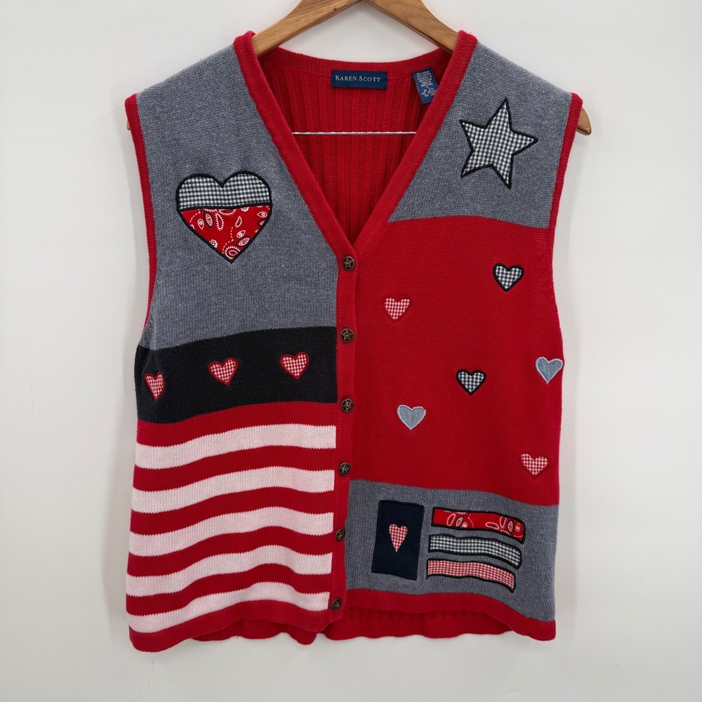 Karen Scott Patriotic Heart Star Knit Vest Women L Red White Blue USA Flag - Picture 2 of 7